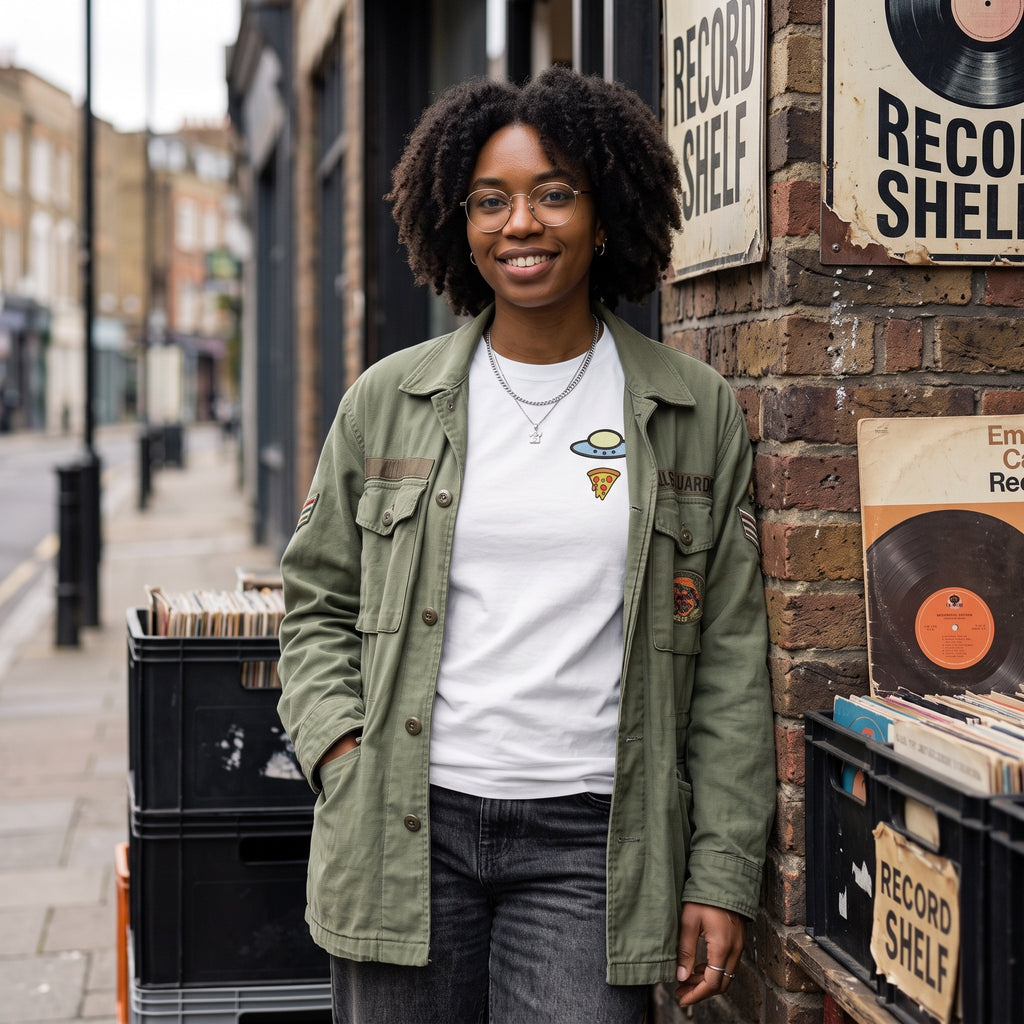 A woman with curly hair and glasses stands on a city street wearing an olive green utility jacket over a white graphic t-shirt with a UFO design, paired with dark gray jeans. She is positioned next to a brick wall decorated with vintage 'Record Shelf' signs and crates of vinyl records.